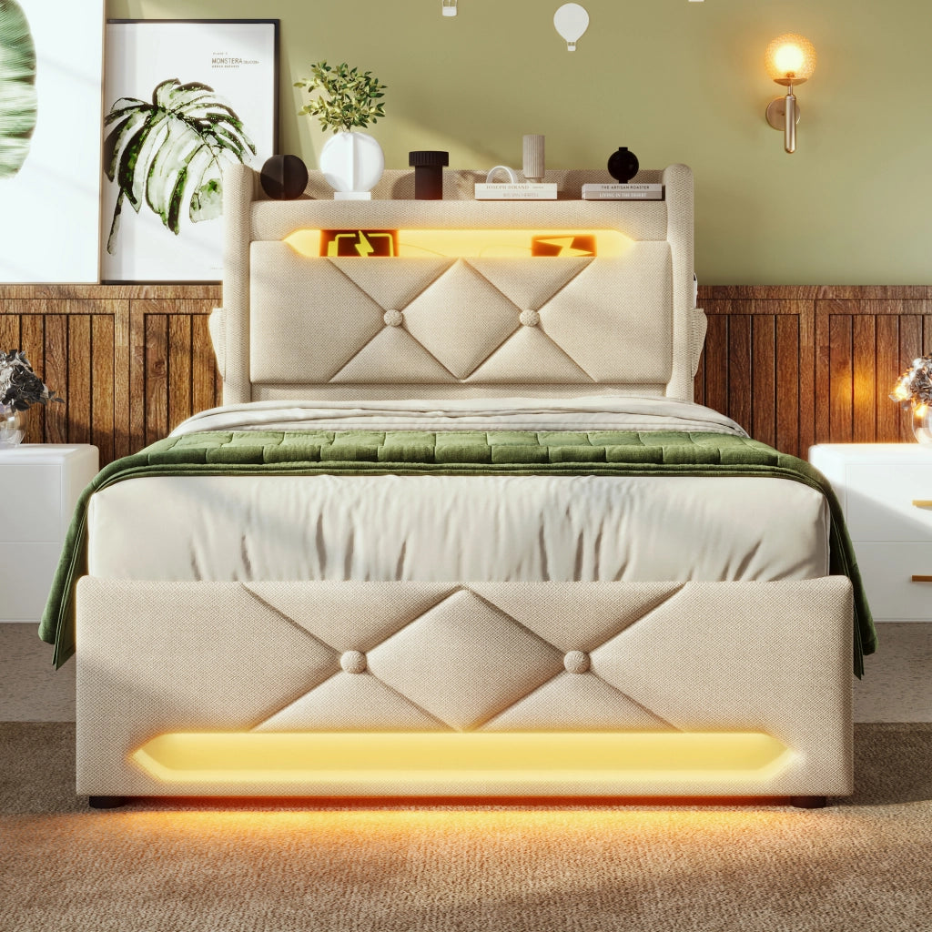 LETTO Contenitore 90x200 cm Beige Lino con materasso incluso