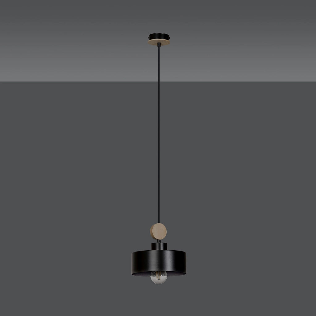 Sospensione 1 Luce Zhurong In Acciaio Nero E Legno Naturale