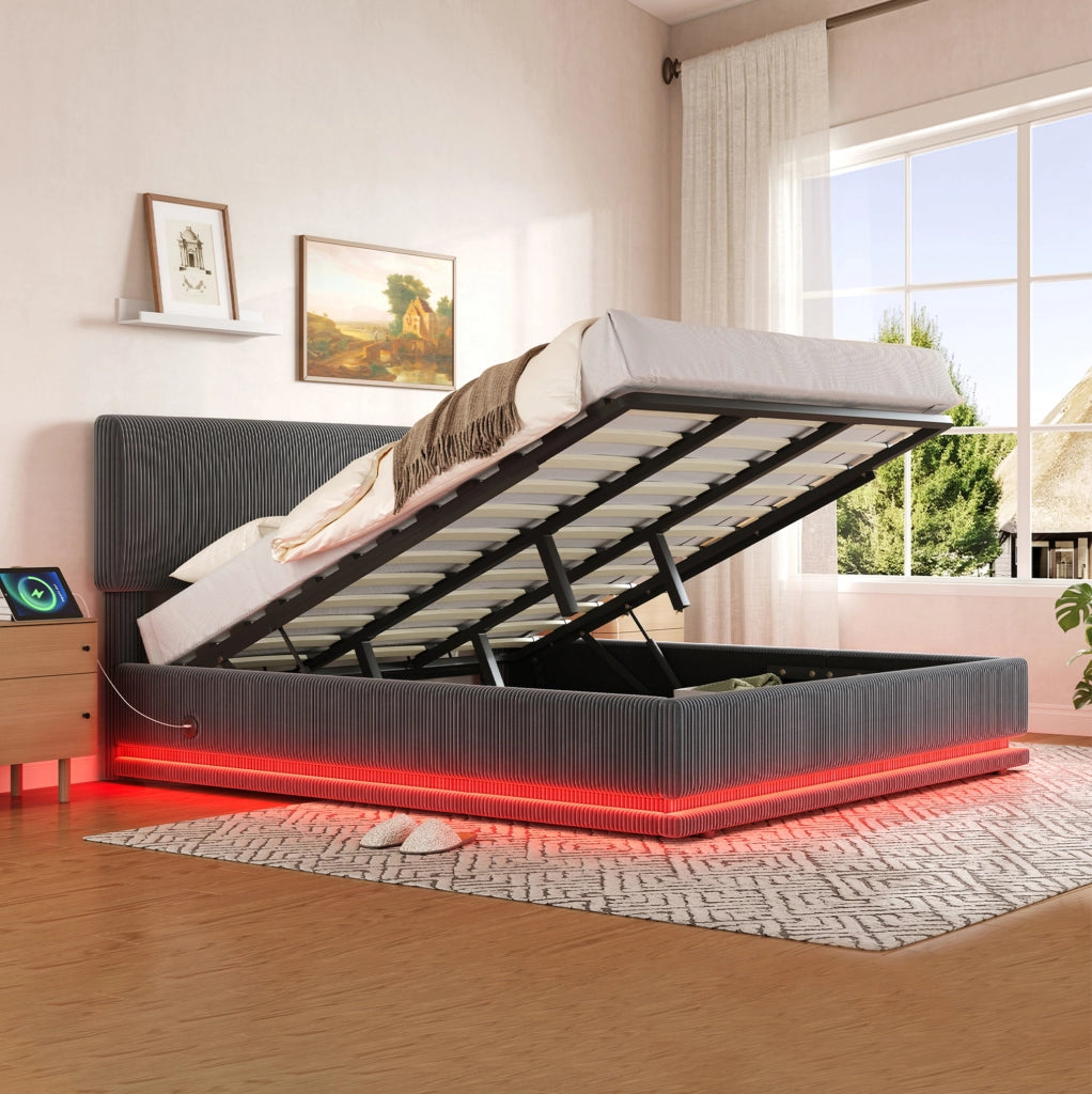 Letto imbottito 180x200 cm in velluto a coste grigio scuro con LED; USB-C e testiera regolabile