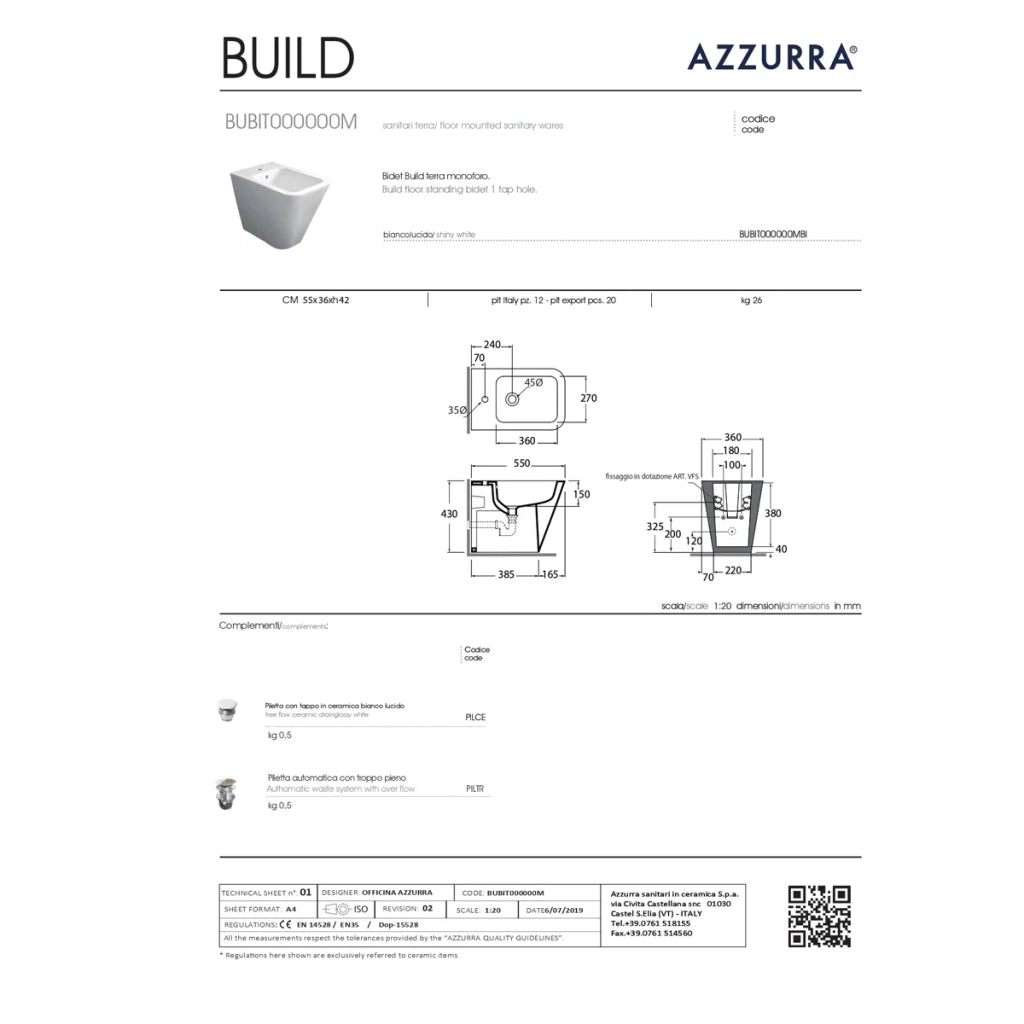 Coppia Di Sanitari Azzurra Ceramica Da Terra Filo Muro Senza Brida Bianco Lucido "Build"