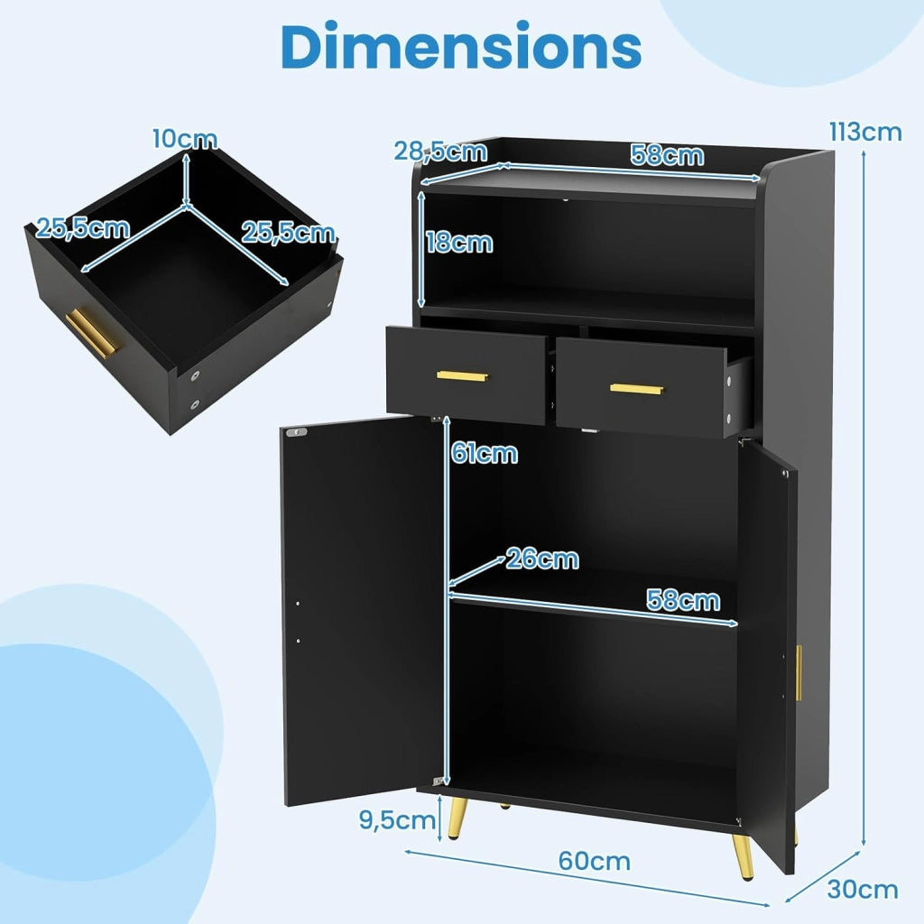 Credenza Cucina, Piano Superiore con Bordo Anticaduta, Scomparto Aperto, 2 Cassetti e Armadietto a Doppia Anta, Mobile Moderno con 2 Antiribaltamento per Soggiorno e Ingresso (Nero)