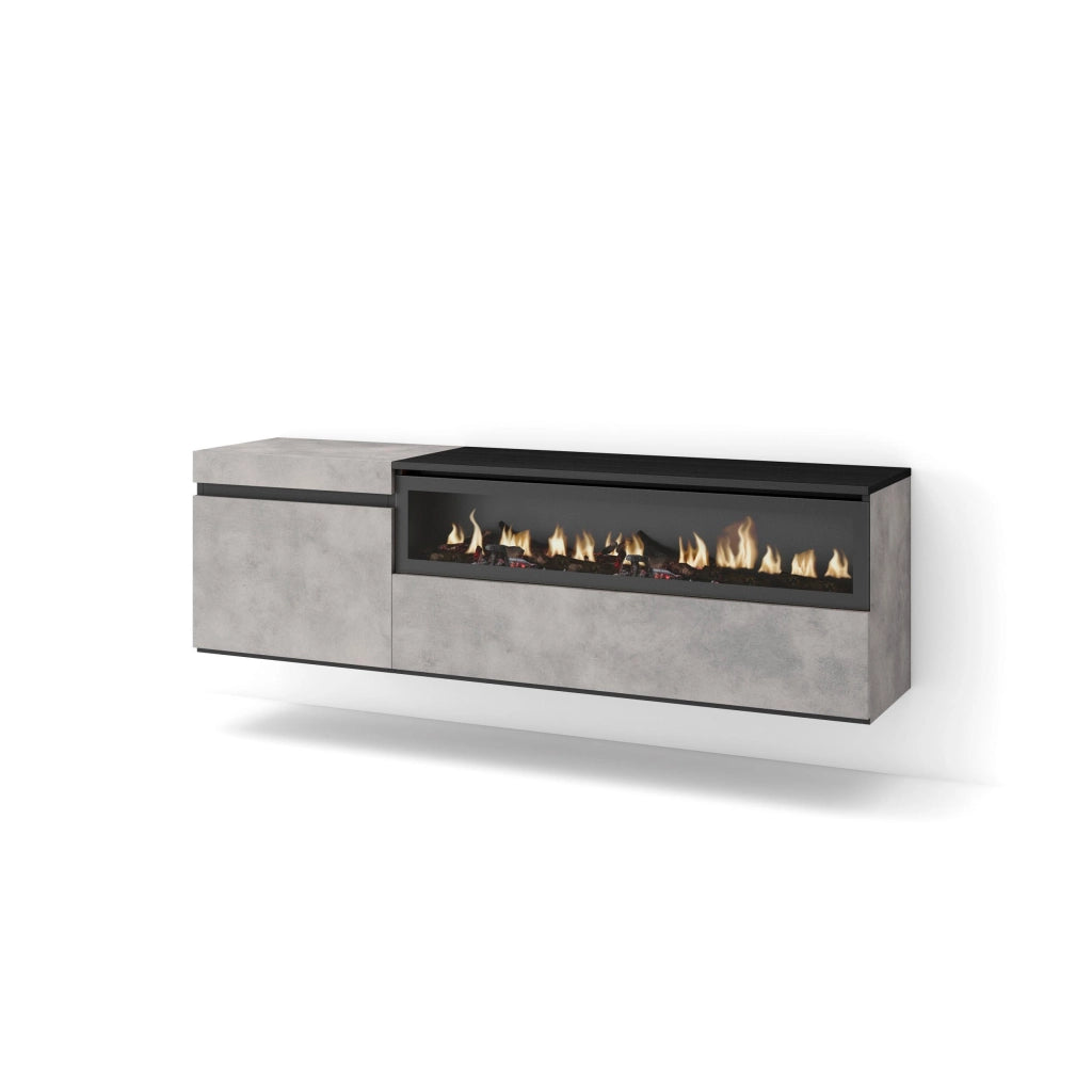 Mobile TV Soggiorno, 150x35x45cm, Per TV fino a 65", Camino elettrico, da appendere, grigio cemento RF2474