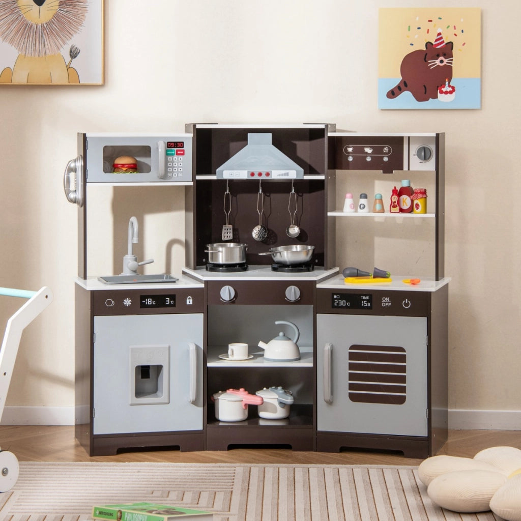Set di giocattoli in legno con cappa macchina del ghiaccio lavello rubinetto-Cucina da gioco per bambini 3+ anni Marrone