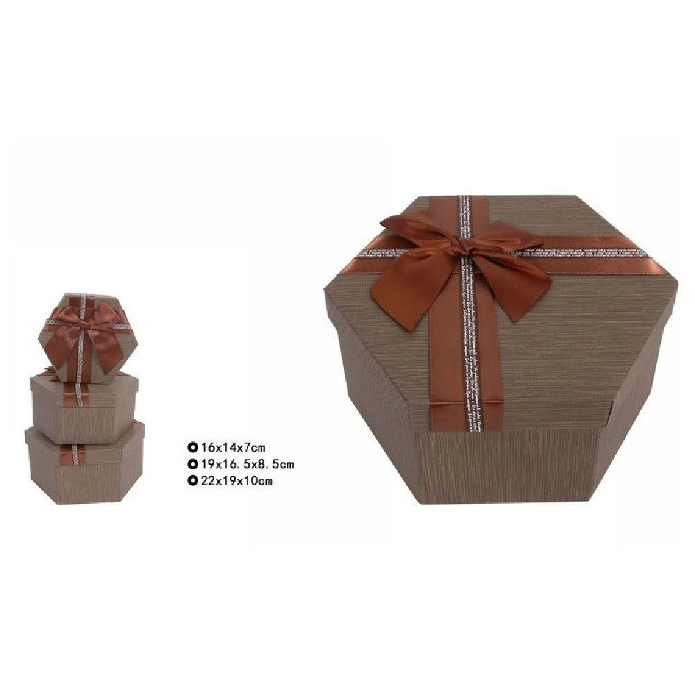 Trade Shop - Set 3 Pz Scatole Box Per Regali Varie Misure Esagonali Marrone Con Fiocco 69353 -