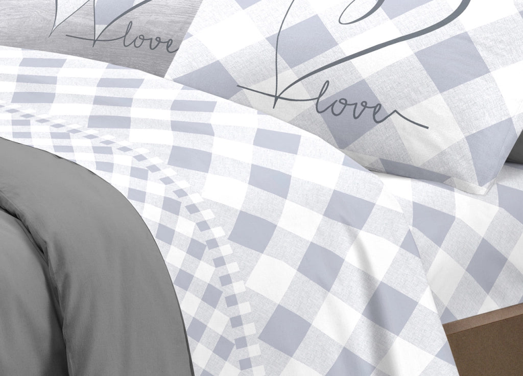 Completo Lenzuola Letto Pensieri Delicati 100% Cotone Dis.Lovely Check - Piazza E Mezza - Grigio