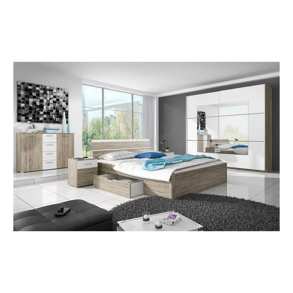 Credenza design 2 porte e 4 cassetti 130cm. Collezione EOS colore rovere chiaro e bianco