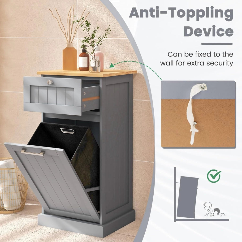 Armadio per Lavanderia in Legno con Cassetto e Cesto Estraibile per Biancheria, 40 x 37 x 82 cm, per Bagno (Grigio)