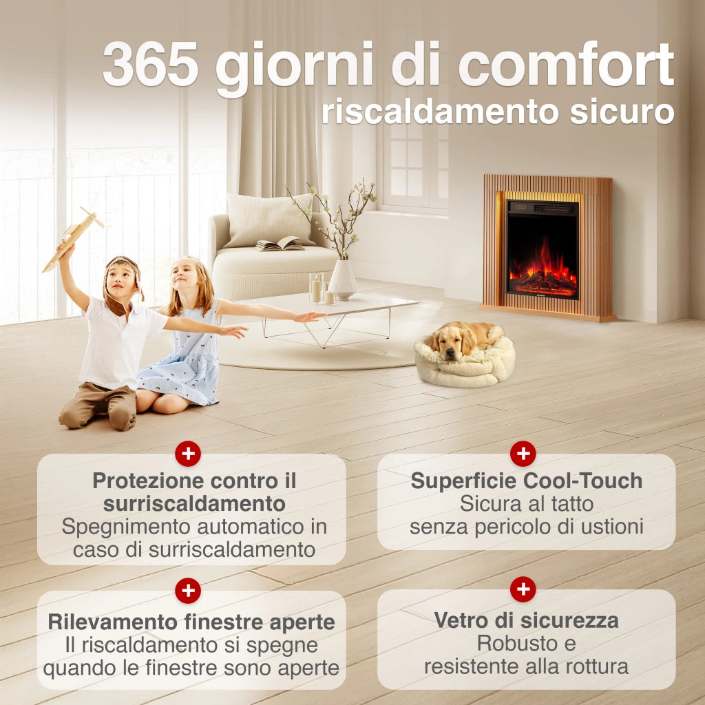 KAMINIO Camino elettrico MATTI - Caminetto da pavimento con riscaldamento, effetto fiamma 3D, luce ambiente a LED, telecomando - 32 pollici, Pannello