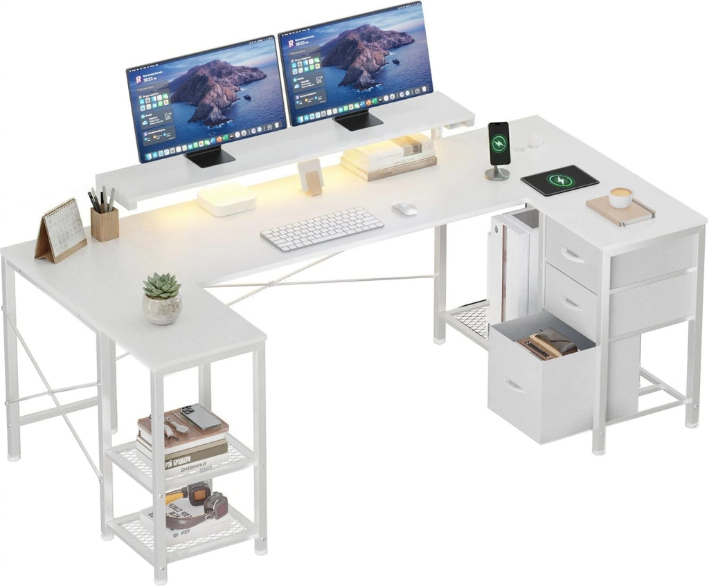 Scrivania Angolare 170x95 cm, Tavolo A L Da Gioco con 3 Cassetti, Illuminazione LED, Supporto Monitor, 2 Prese + 2 USB, Adatta per Ufficio/Studio, Ideale per Camere, Bianca