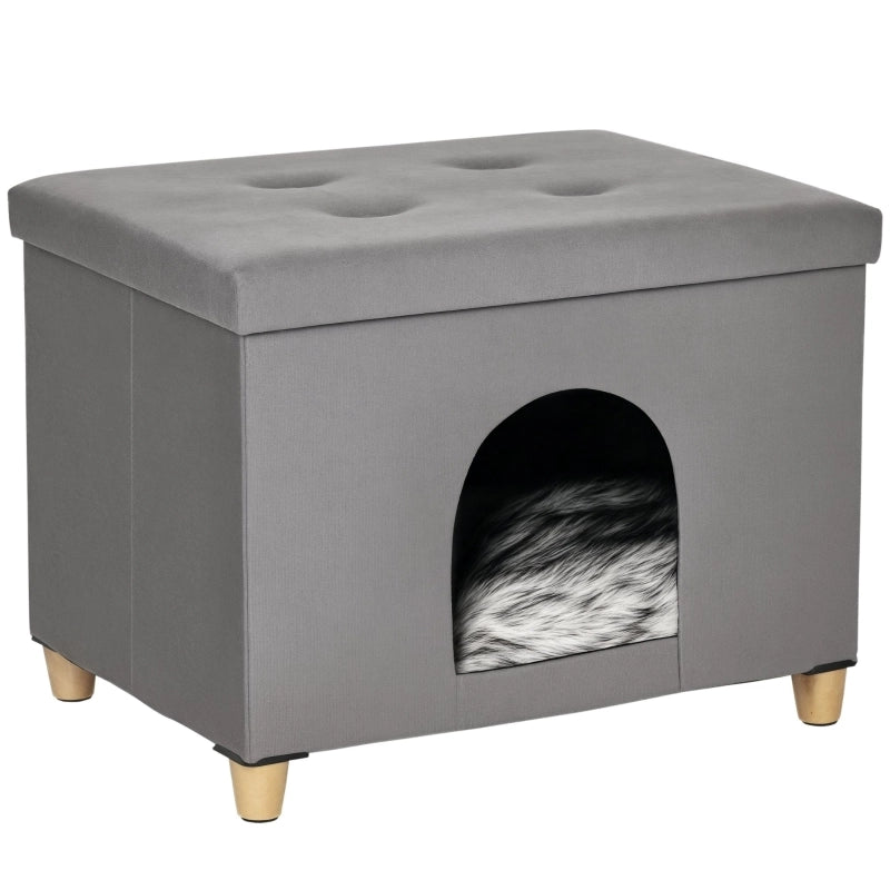 Cuccia per gatti 2 in 1 con funzione pouf, imbottita, MDF, grigio, 60 x 45 x 44,5 cm