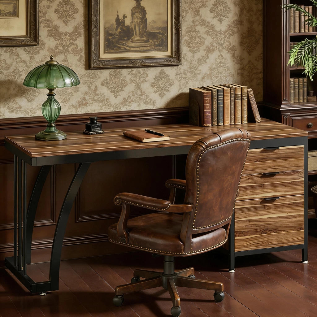 Scrivania lineare con 3 cassetti e piano ampio gambe regolabili per ufficio e studio in metallo e legno noce da lavoro