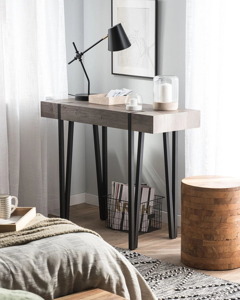 Consolle Piano in Legno Scuro Gambe a Forcella in Metallo Nero 100 x 40 cm Stile Industriale Rettangolare