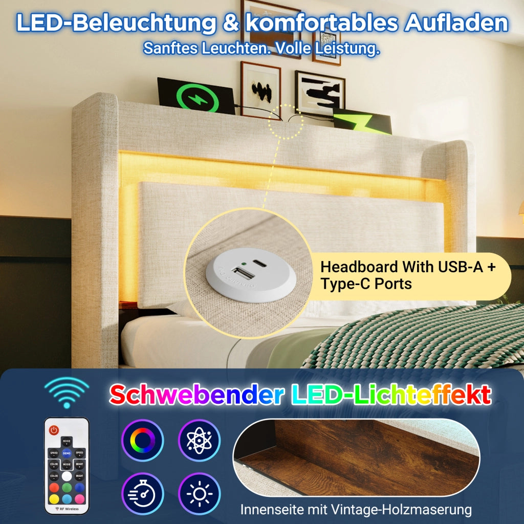 Letto imbottito 90x200 idraulico LED USB/Type-C lino beige