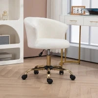 Sedia da Ufficio Regolabile in Altezza con Seduta Girevole e Rivestimento in Velluto Teddy, Bianco e Oro