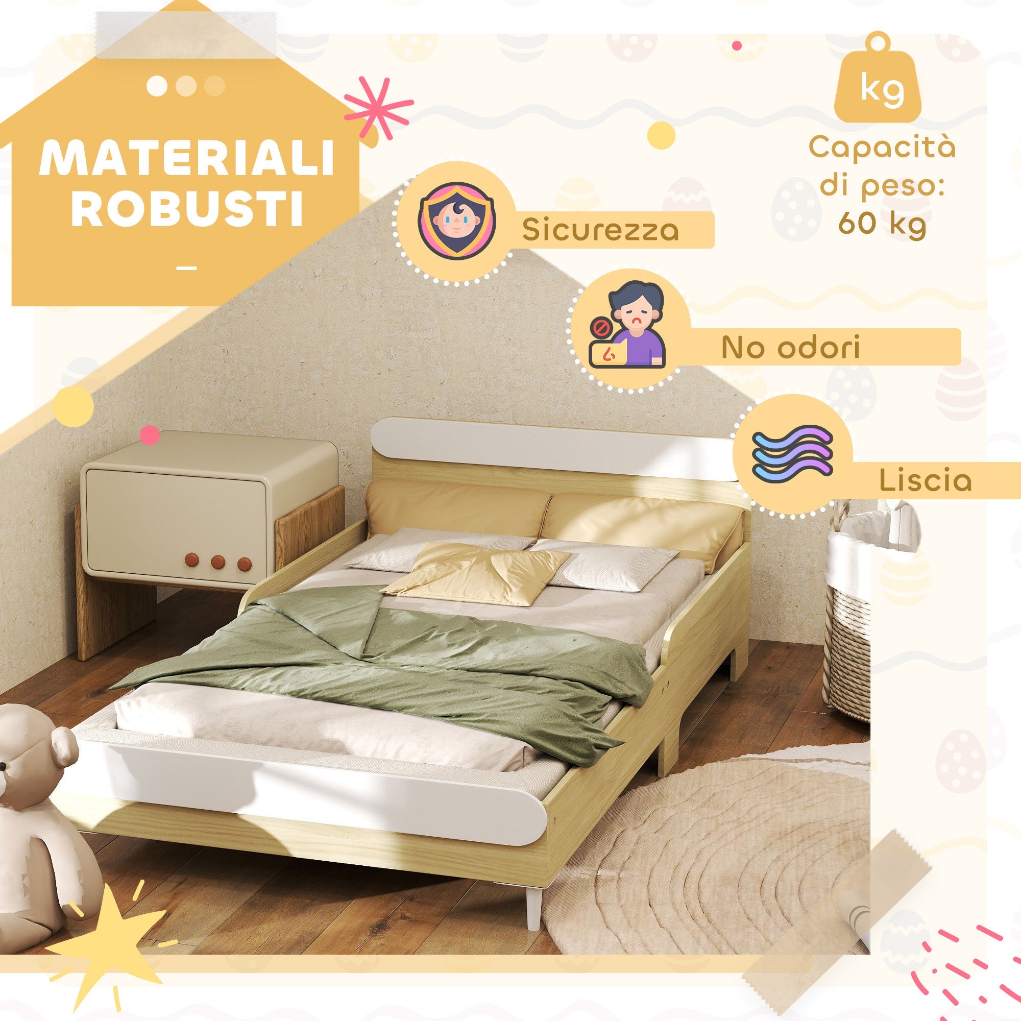 Letto Singolo per Bambini Basso con Sponde Laterali Alte 194,8x103x60,5 cm Bianco e color Legno