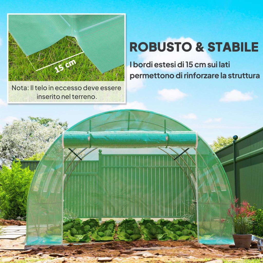 Telo Serra in PE con 8 Finestre. Porta Avvolgibile e Bordi Interrati. 4x3x2 m. Verde