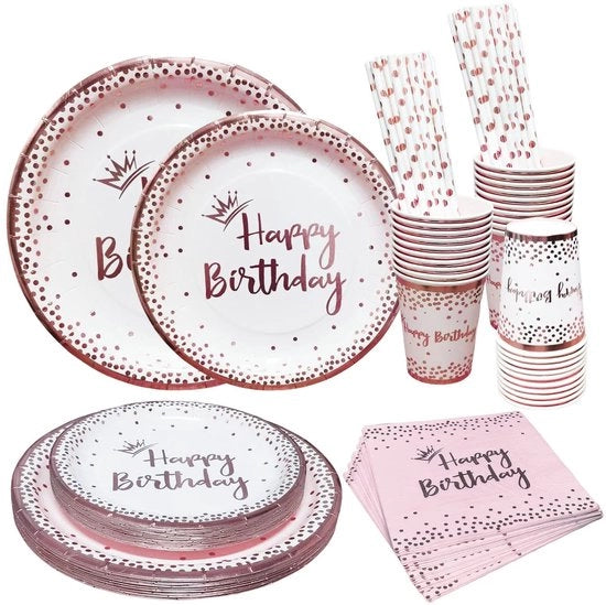 Servizio da Tavola per Festa Rosa Oro, Set Completo per Festa, Materiale Ecologico, Ideale per Ragazze, Donne e Decorazioni da Festa