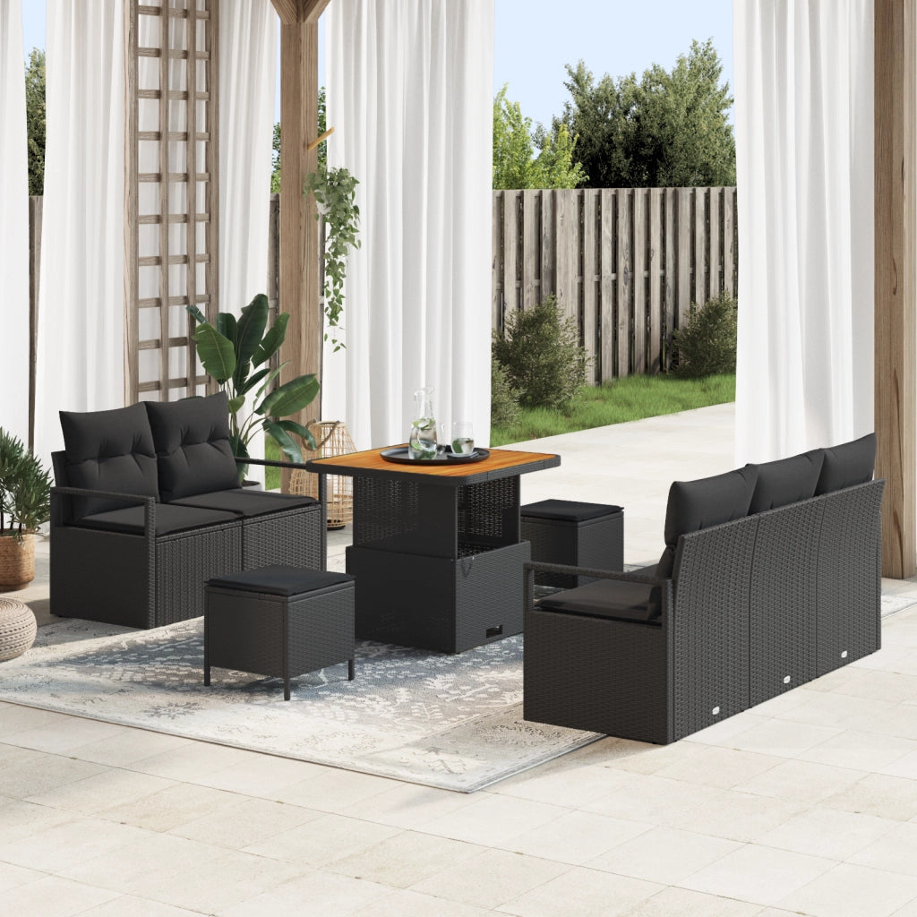 Set Divano da Giardino 8 Pezzi con Cuscini Nero Polyrattan Acacia