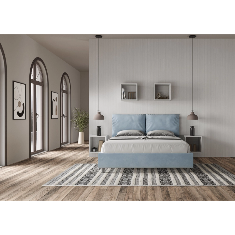 Letto imbottito Matrimoniale 160x200 cm Antea - Con rete,Microfibra,Azzurro