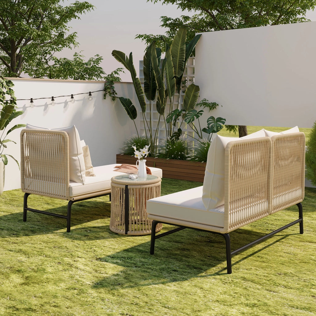 Set giardino: metallo + corda beige; sedute L + tavolo; uso esterno