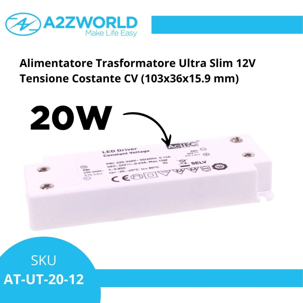 Alimentatore Trasformatore Ultra Slim 20W 12V 1.67A Tensione Costante 103X36X16 mm