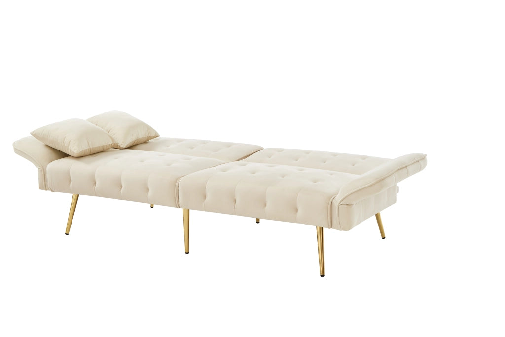 OKWISH Divano Letto 2 Posti, Schienale e Braccioli Regolabili, Cuscini Inclusi, Velluto e Schiuma, Beige