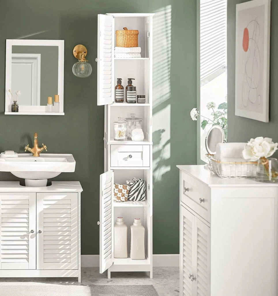 Mobile Colonna Bagno Salvaspazio Bianco Armadio Alto con 2 Ante, 1 Cassetto e Ripiano Aperto Mobiletto Bagno per Lavanderia, WC o Cucina Bianco 32x170x30cm FRG236-W