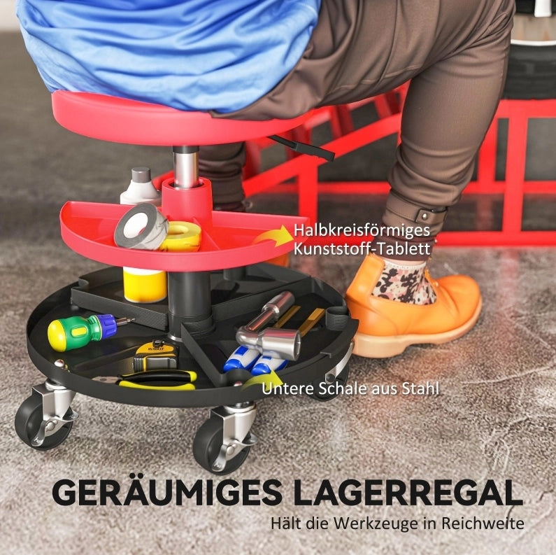 Sgabello da officina con ruote, altezza regolabile, portata 135 kg, rosso