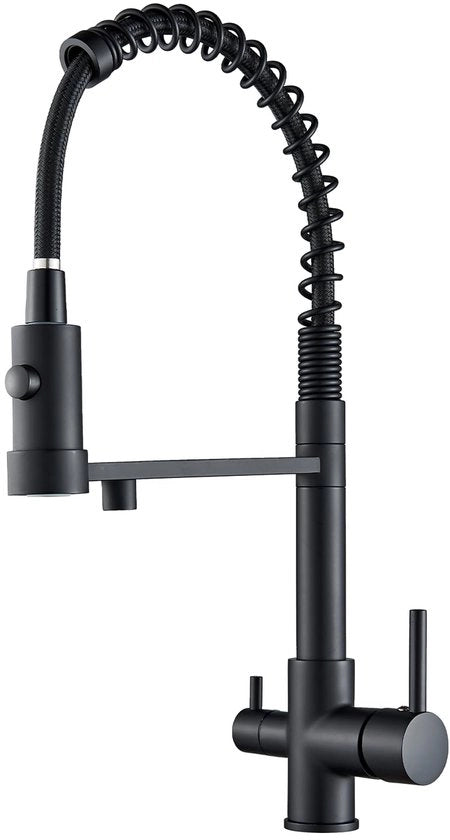 3 viei rubinetto da cucina, rubinetto da cucina rotativo 360° con filtro acqua, rubinetto da cucina ad alta pressione con uscita flessibile, rubinetto da cucina 3 vie con 2 maniglie, acciaio inossidabile, nero