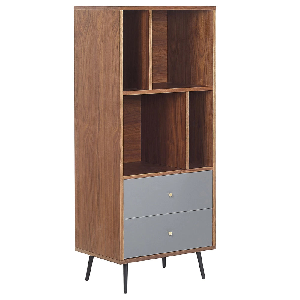 Libreria in noce scuro con MDF grigio 139 x 60 x 40 cm Mobile contenitore con cassetti Moderno
