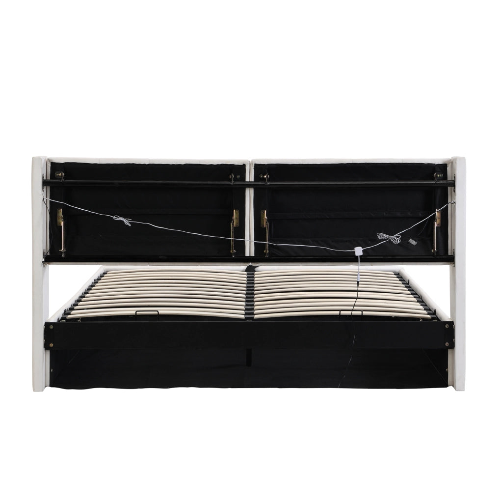 Letto imbottito 160x200 cm con LED; USB; testiera regolabile e contenitore; PU bianco