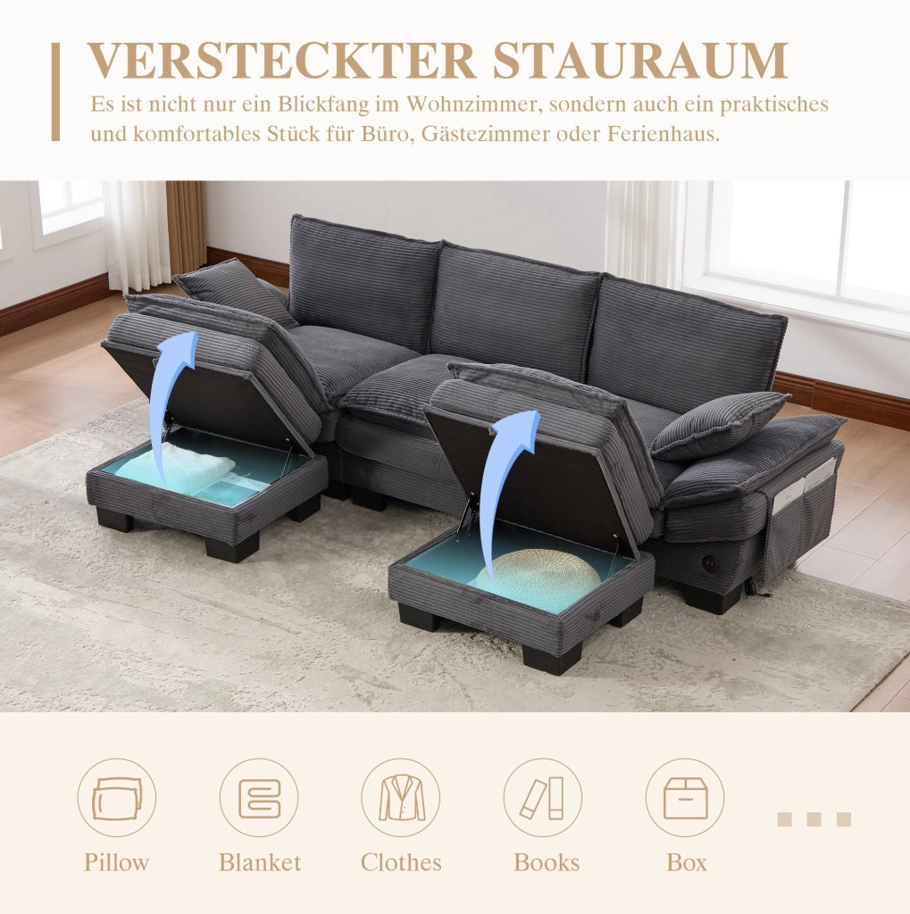 Divano modulare 3 posti in tessuto corduroy grigio scuro con 2 pouf; 260x132x84 cm