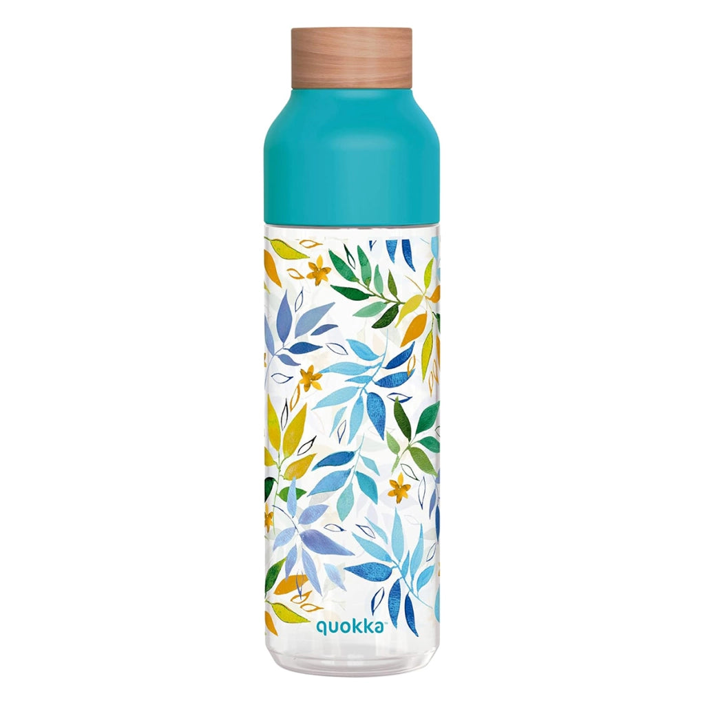 Bottiglia d'acqua Ice 840ml con tappo in legno e motivo foglie ad acquerello Turchese Quokka