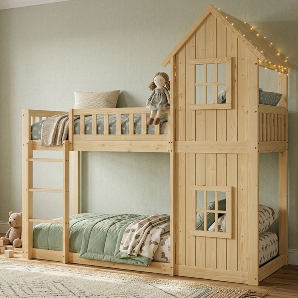 Letto a castello a casetta 90x200 cm con 2 finestre; scala a 3 gradini e parapetto integrale; pino e MDF; naturale