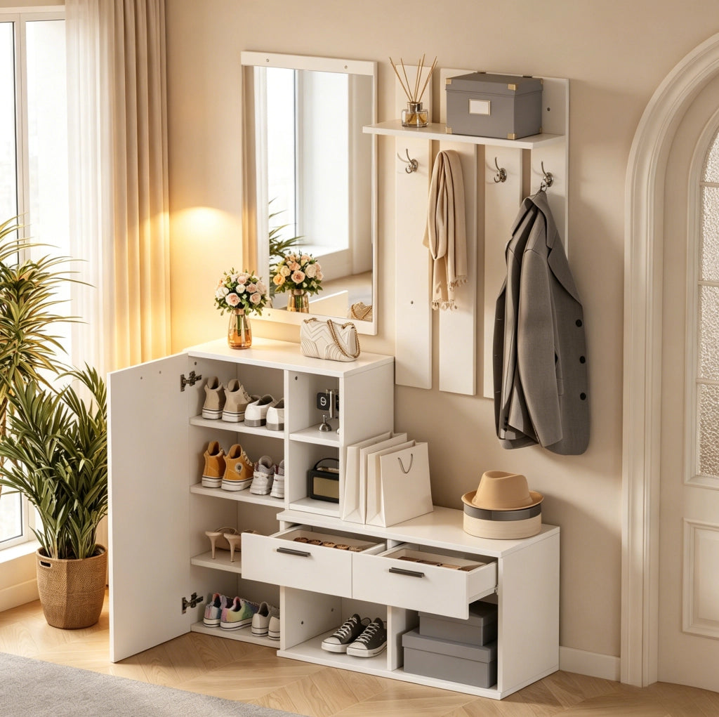 Garderoba da ingresso 120x35x175.5 cm con specchio; 2 cassetti e 4 ganci in MDF bianco