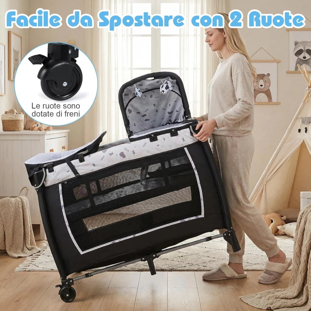 Culla Campeggio Bambini 5 in 1, Lettino Viaggio Neonati Pieghevole con Materasso, Fasciatoio e Tettoia, Box Portatile con Ruote, 2 Giocattoli Appesi e Carillon, per Bambini 0-3 Anni (Bianco)