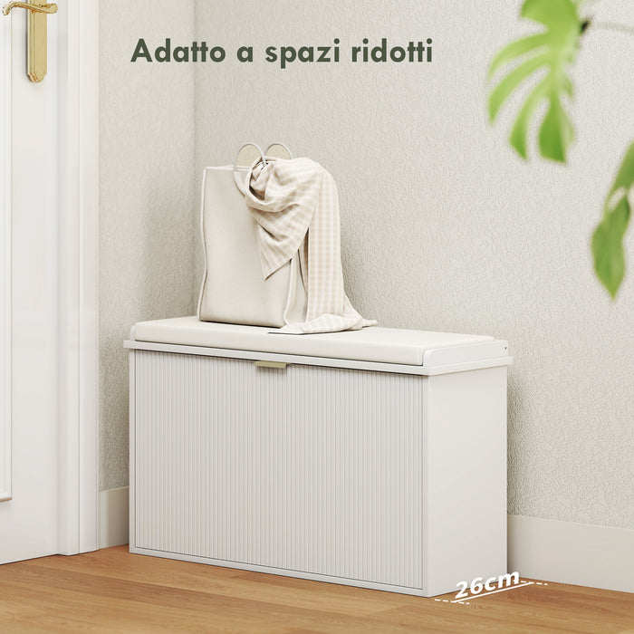 Panca Scarpiera con Ripiano Interno 80x26x47,5 cm in Legno e Tessuto Effetto Lino Bianca e Beige