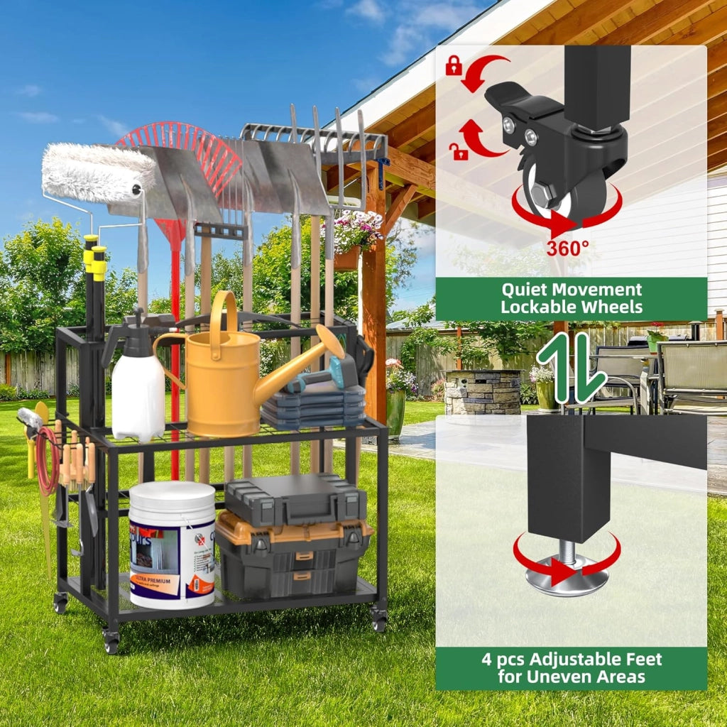 Portautensili da giardino resistente, 3 ripiani, con ruote universali bloccabili, porta attrezzi da giardino, porta attrezzi da per garage