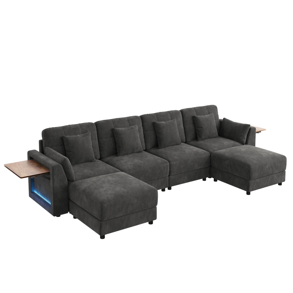 SOFA Modulare U/L 292x135x82 cm Chenille Grigio con 2 pouf e 6 cuscini