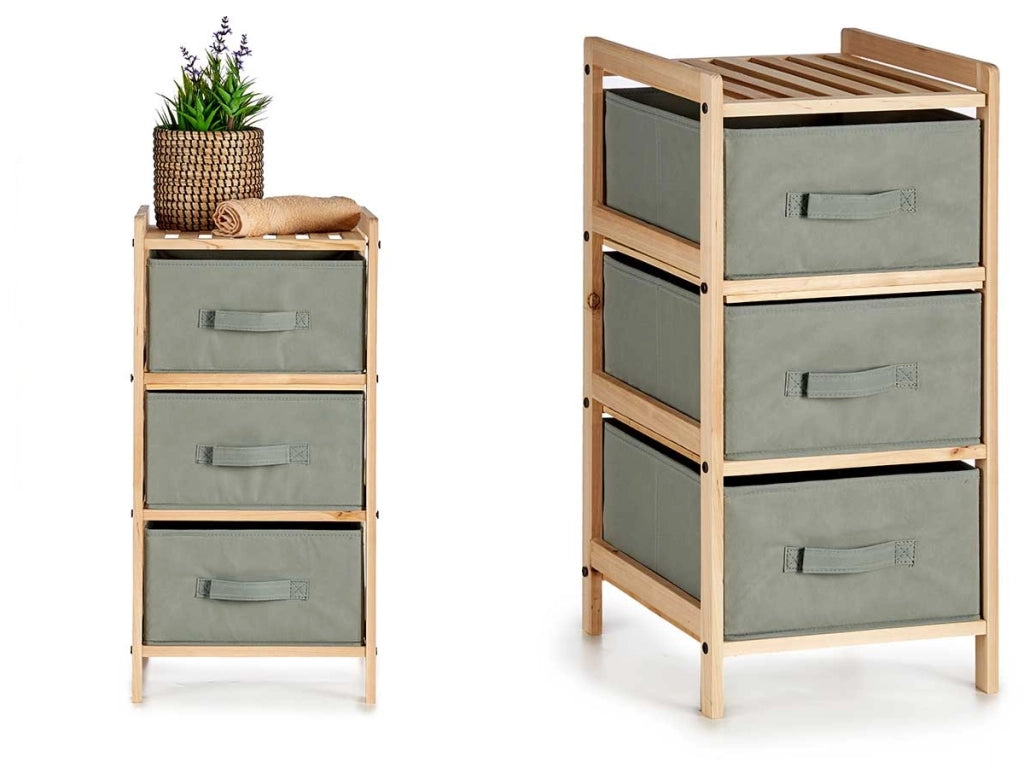 Mobile Cassettiera 3 Cassetti in Legno Naturale e Stoffa Colore Grigio H 66cm