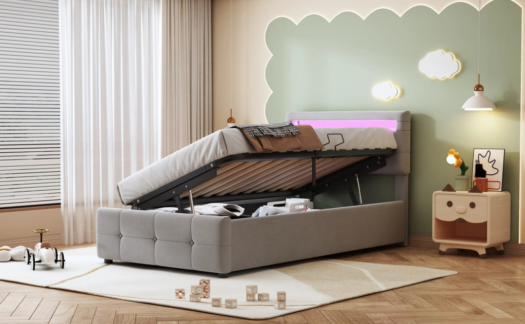 Letto bambino – 90x200 cm – LED contenitore idraulico testiera regolabile – velluto grigio