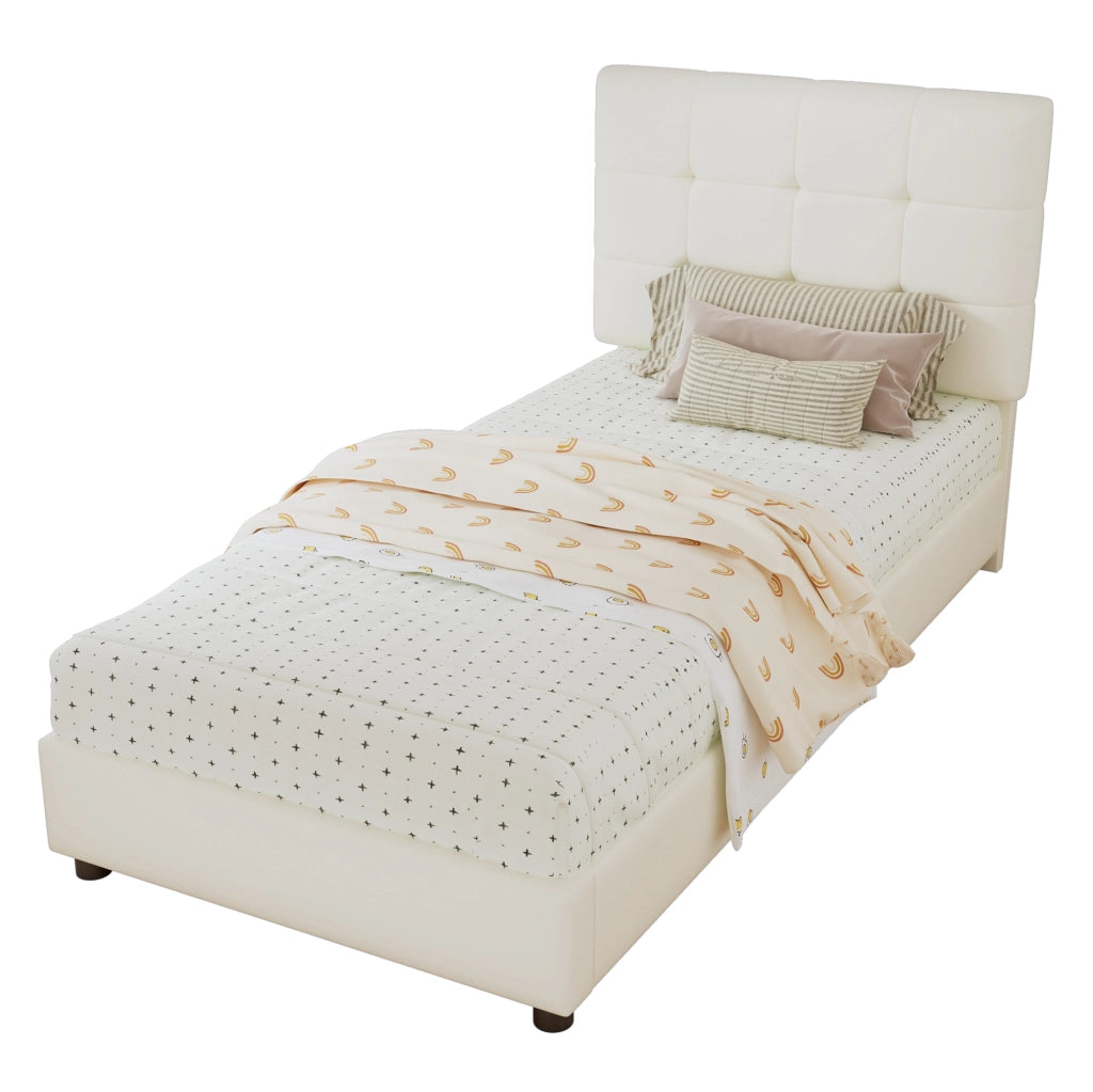Letto imbottito 90x200 cm con testiera a biscotto; schienale morbido e bordi antiurto in PU beige