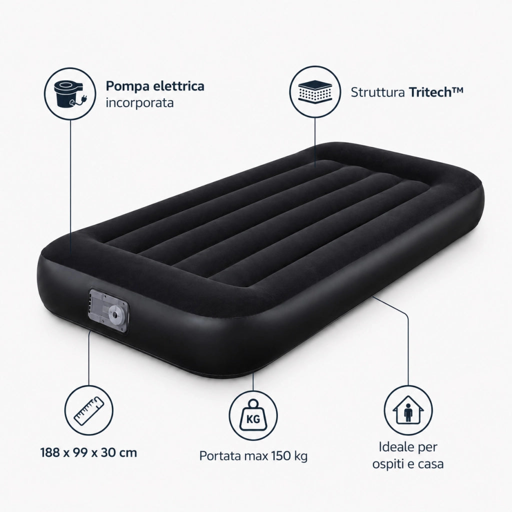 MATERASSO GONFIABILE SINGOLO BESTWAY CON POMPA ELETTRICA INCORPORATA 188x99x30CM