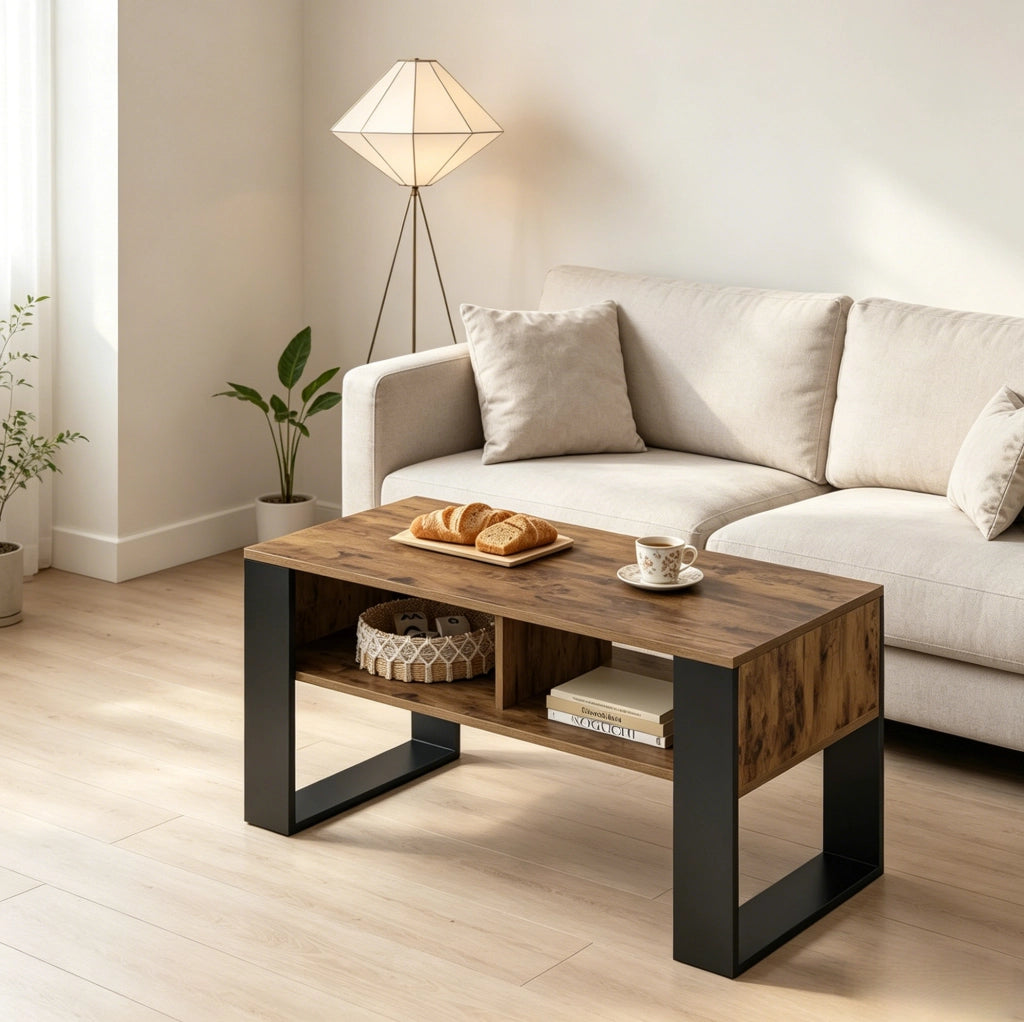 Tavolino da caffè 90 x 45 x 45 cm con 2 vani aperti; nero e marrone rustico