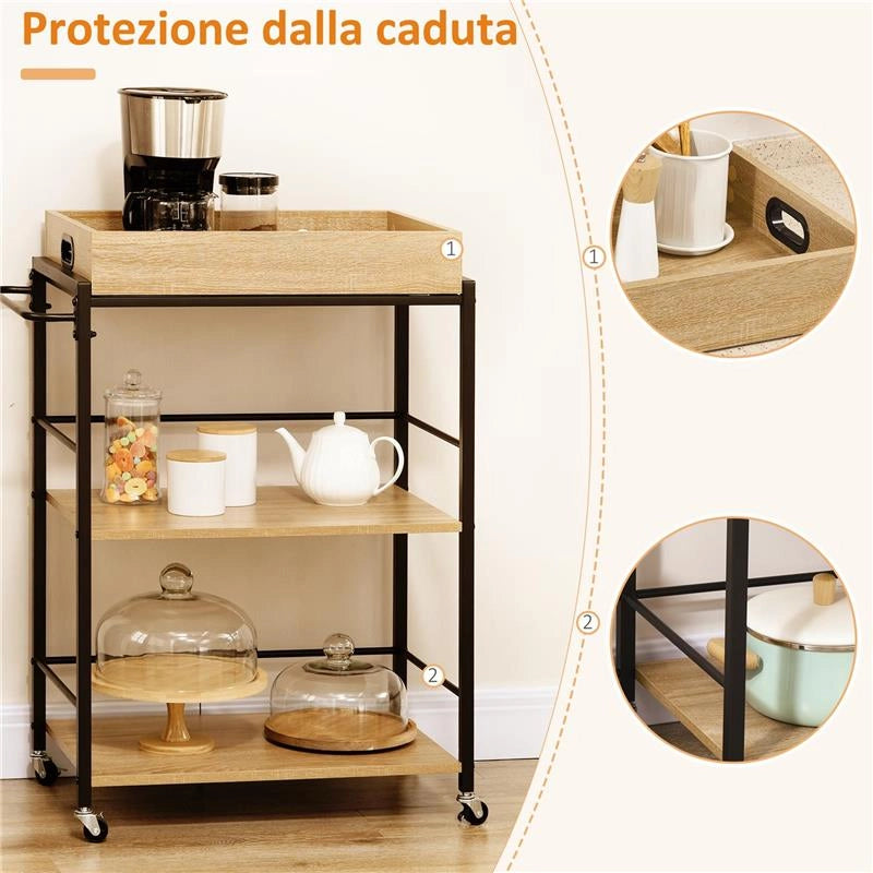 CARRELLO DA CUCINA A 3 RIPIANI CON VASSOIO RIMOVIBILE E RUOTE GIREVOLI