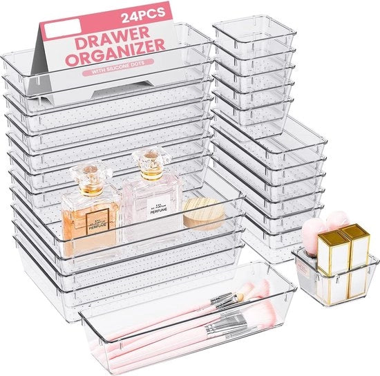 Organizzatori a cassetti da 24 pezzi 4 dimensioni organizzatori da cassetti trasparenti con supporti in silicone antiscivolo lade in plastica antiscivolo