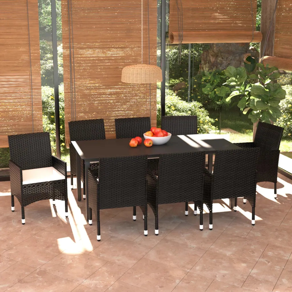 Set da Pranzo da Giardino 9 pz con Cuscini Nero in Polyrattan 3094978