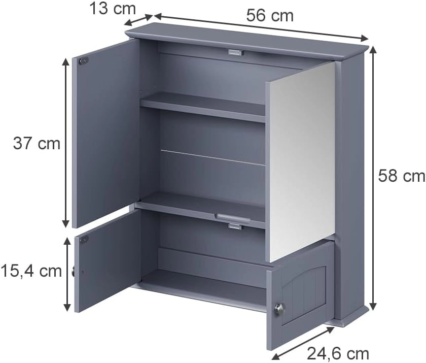 Specchio contenitore bagno Bianco, Grigio, 56 x 58 cm, per montaggio a parete con ripiano interno regolabile in altezza
