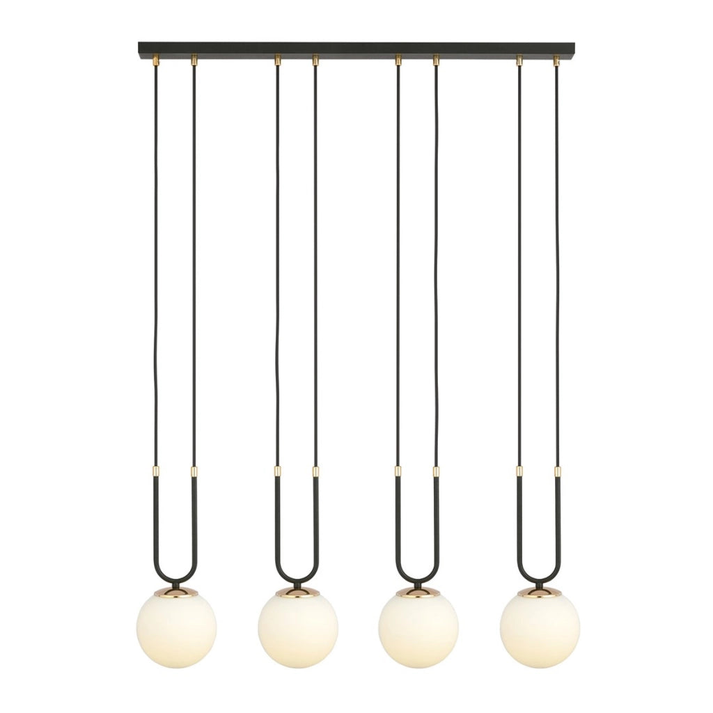 Lampada a sospensione GLAM in acciaio nero e oro con sfere in vetro opale