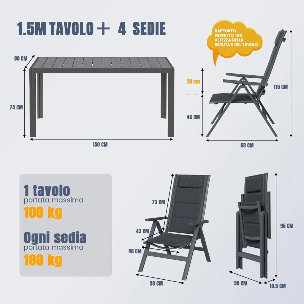 Set Tavolo e Sedie da Giardino 5 Pezzi, Composto da Tavolo 150 cm in Alluminio e 4 Sedie Pieghevoli, Tavolo da Giardino con Finitura a Vena di Legno con Sedie da Terrazza, Balcone, Grigio